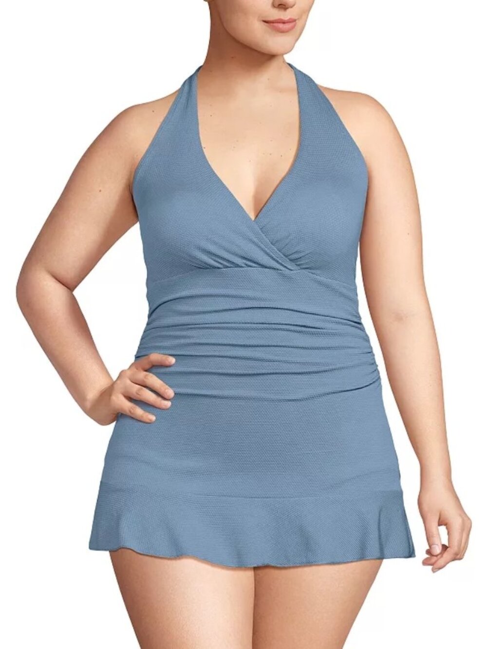 Lands' End NWT Pique Halter Ruffle Hem One-Piece Swim Dress Womens Size 14
